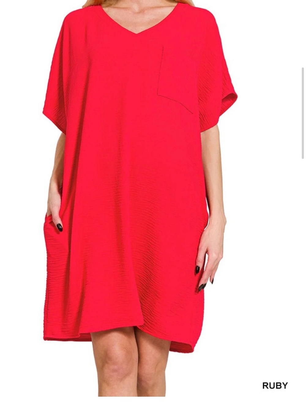 Zenana Woven Airflow V-Neck T-Shirt Dress with Pockets in Ruby Red
